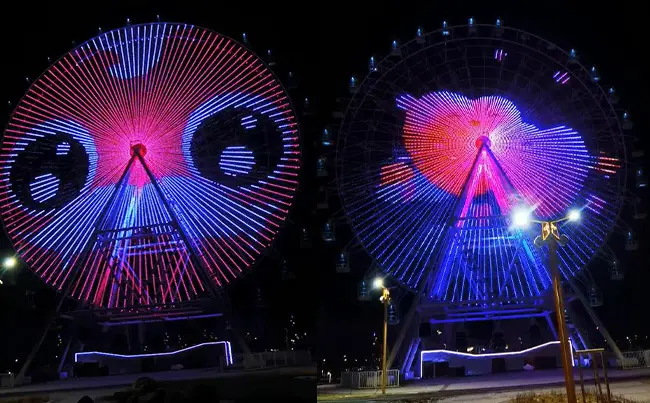 Two Different LED Light Patterns Displayed on Beston Rides Ferris Wheel at Night in Kazakhstan