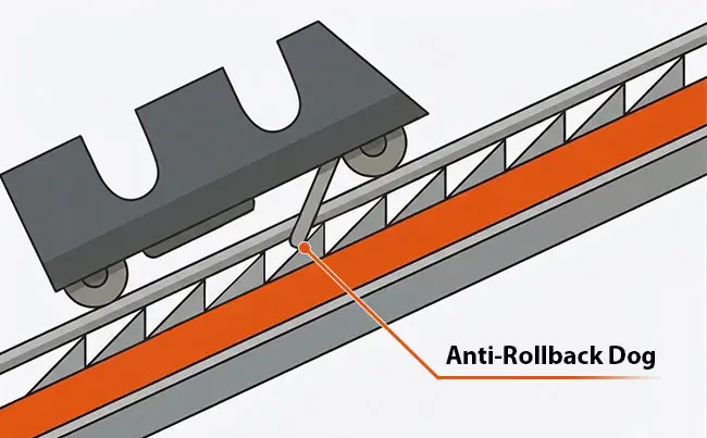 A Roller Coaster Anti-Rollback Dog Engaging a Ratchet Track on a Lift Hill