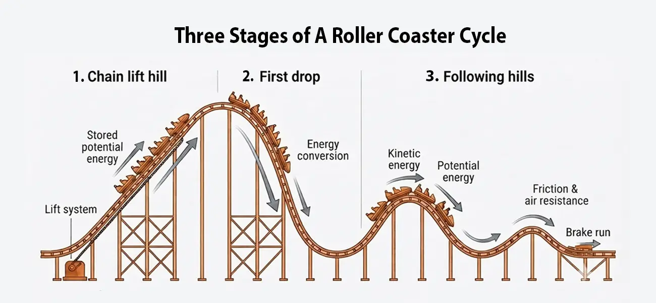 Roller Coaster Diagram Showing the Chain Lift hill, the First Drop, and the Following Hills