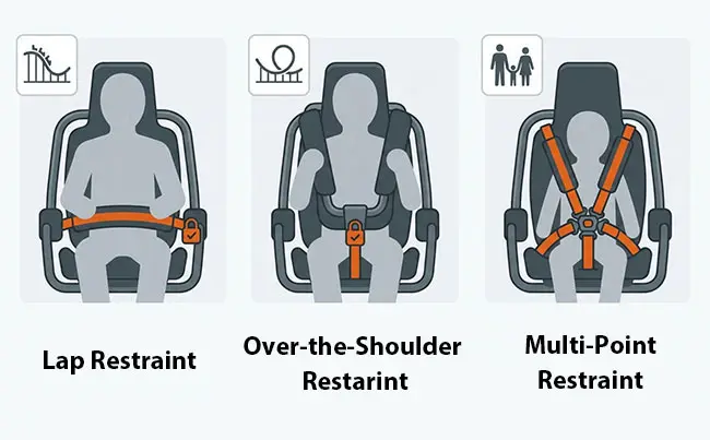 Illustration Comparing Lap, Over-the-Shoulder, and Multi-Point Restraints on Roller Coaster Seats