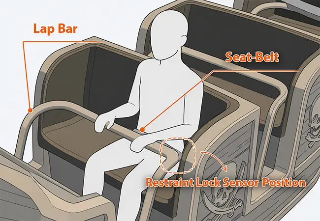 Lap Bar, Seat-Belt and Restraint Lock Sensor Position on Pirate Ship Ride